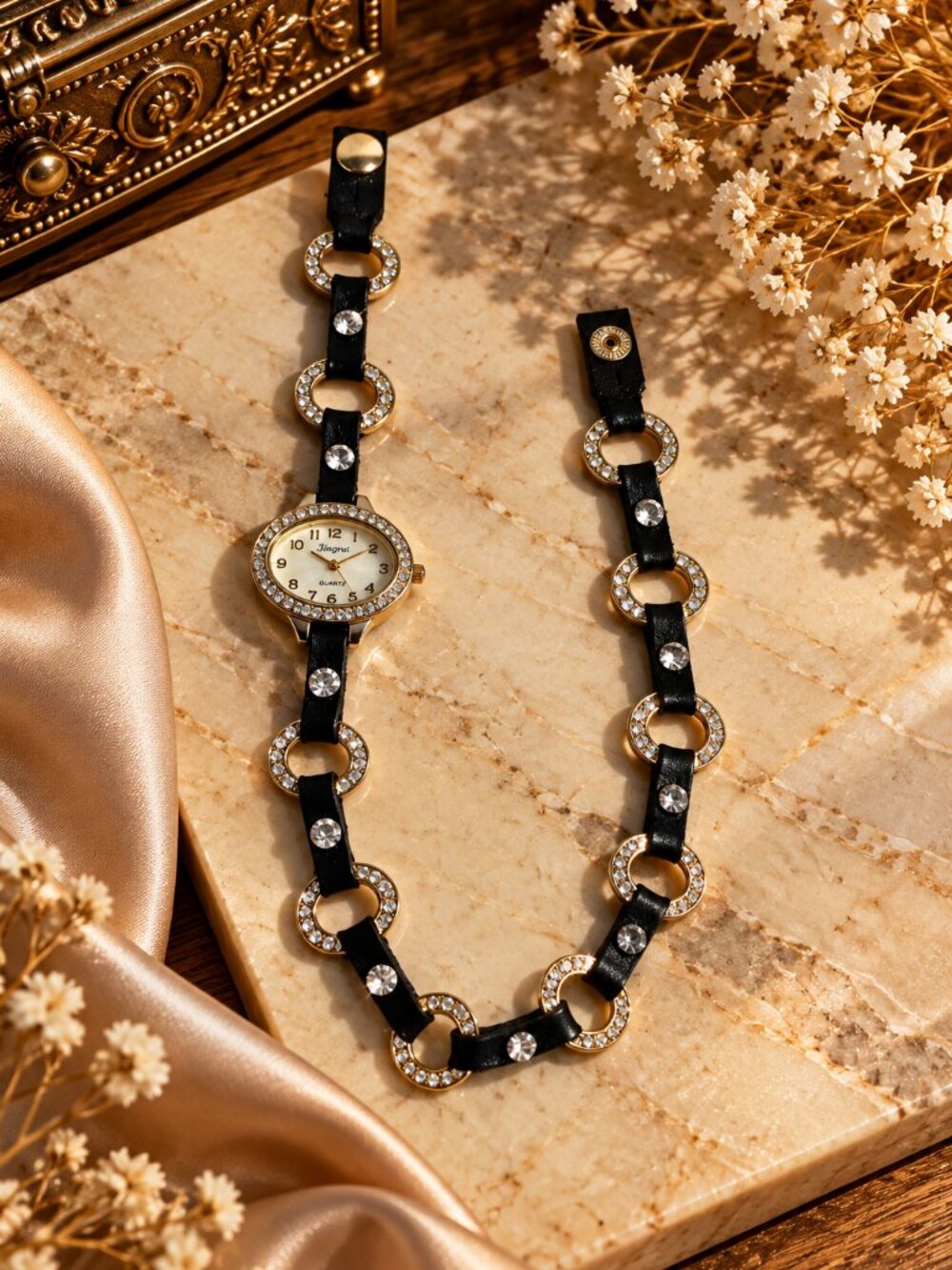 Vintage Geneva Rhinestone Bracelet Watch – Black & Gold Tone Quartz Jewelry Watc